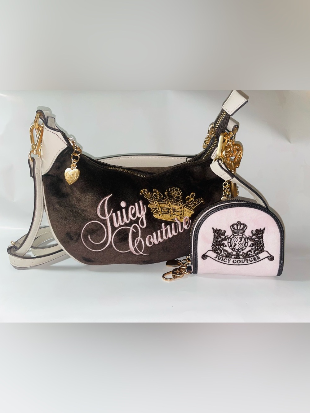 Juicy Couture Black Velvet Shoulder Bag with Pink Logo and Gold Accents
